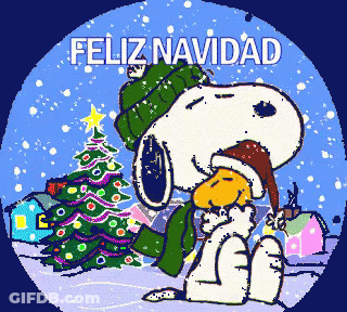A Cartoon Of Snoopy Sitting In Front Of A Christmas Tree With The Words " Feliz Navidad " Above Him GIF