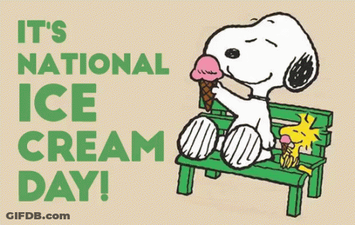 A Cartoon Of Snoopy Sitting On A Bench Eating Ice Cream On National Ice Cream Day GIF