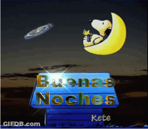 A Cartoon Of Snoopy Sitting On A Crescent Moon With The Words " Buenas Noches " GIF