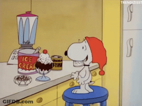 A Cartoon Of Snoopy Sitting On A Stool In Front Of A Can Of Ice Cream Syrup GIF