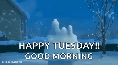 A Cartoon Of Snoopy Sitting On Top Of A Snowman With The Words `` Happy Tuesday ! Good Morning '' . GIF