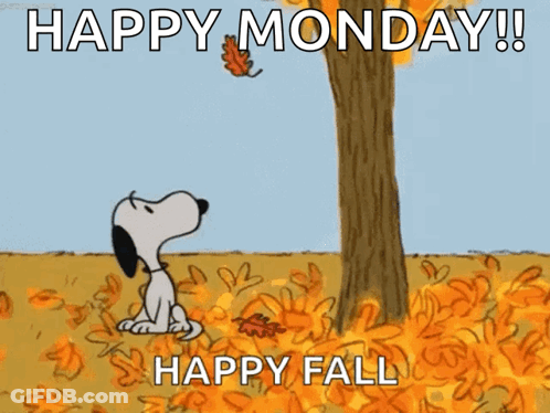 A Cartoon Of Snoopy Sitting Under A Tree Surrounded By Leaves With The Caption Happy Monday Happy Fall GIF