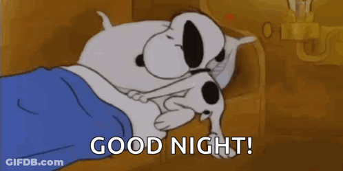 A Cartoon Of Snoopy Sleeping In A Bed With The Words `` Good Night '' Written On The Bottom . GIF