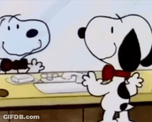 A Cartoon Of Snoopy Standing In Front Of A Mirror GIF
