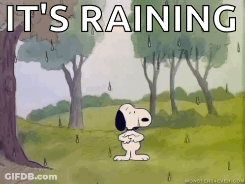 A Cartoon Of Snoopy Standing In The Rain With The Words " It 'S Raining " Above Him GIF