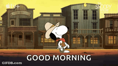 A Cartoon Of Snoopy Wearing A Cowboy Hat And Holding A Cowboy Rope Says Good Morning GIF