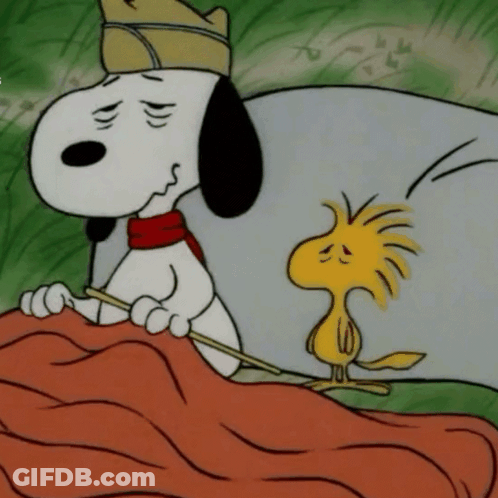 A Cartoon Of Snoopy Wearing A Crown And Woodstock Holding A Stick GIF