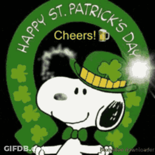 A Cartoon Of Snoopy Wearing A Green Hat With Shamrocks And The Words Happy St. Patrick 'S Day GIF
