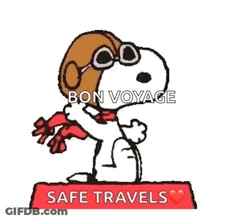 A Cartoon Of Snoopy Wearing A Hat And Scarf With The Words Bon Voyage Safe Travels Written Below Him GIF