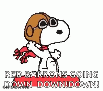 A Cartoon Of Snoopy Wearing A Helmet And Scarf With The Words Red Barrons Going Down Down Down . GIF