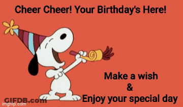 A Cartoon Of Snoopy Wearing A Party Hat Holding A Party Horn GIF