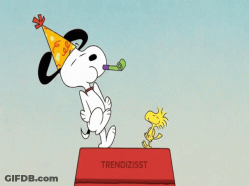 A Cartoon Of Snoopy Wearing A Party Hat Standing On A Box With Trendizisst Written On It GIF
