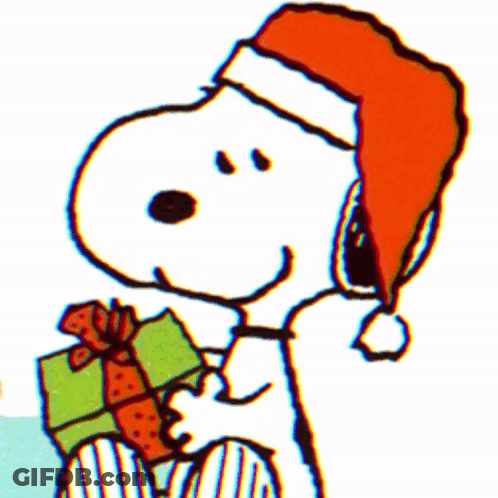 A Cartoon Of Snoopy Wearing A Santa Hat And Holding A Present GIF