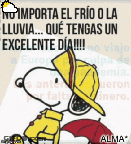 A Cartoon Of Snoopy Wearing A Yellow Raincoat And Hat GIF