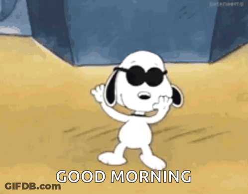 A Cartoon Of Snoopy Wearing Sunglasses And Waving With The Words `` Good Morning '' . GIF