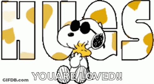 A Cartoon Of Snoopy Wearing Sunglasses With The Words Hugs You Are Loved Below Him GIF