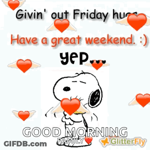 A Cartoon Of Snoopy With Hearts Around Him And The Words " Givin ' Out Friday Hugs " GIF