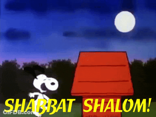 A Cartoon Of Snoopy With The Words Shabbat Shalom In Yellow GIF