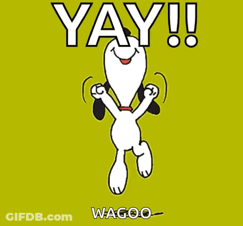 A Cartoon Of Snoopy With The Words Yay Wagoo Written Below Him GIF