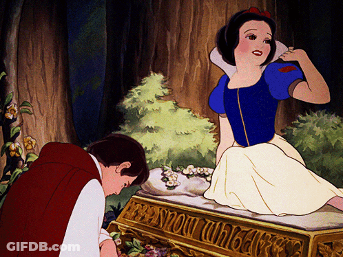 A Cartoon Of Snow White And Prince Charming Looking At A Treasure Chest GIF