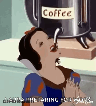 A Cartoon Of Snow White Drinking Coffee From A Coffee Maker . GIF