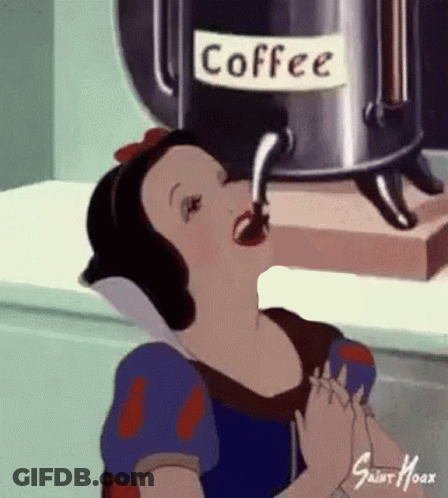 A Cartoon Of Snow White Drinking Coffee From A Coffee Pot GIF