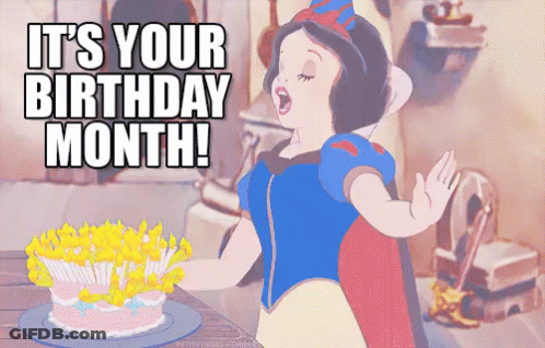 A Cartoon Of Snow White Holding A Birthday Cake With The Words It 'S Your Birthday Month GIF