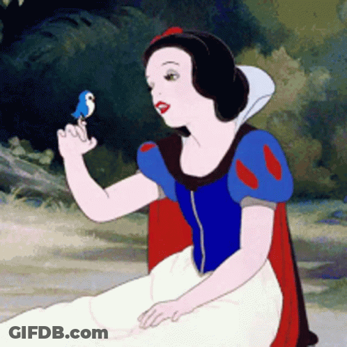 A Cartoon Of Snow White Holding A Blue Bird On Her Finger GIF
