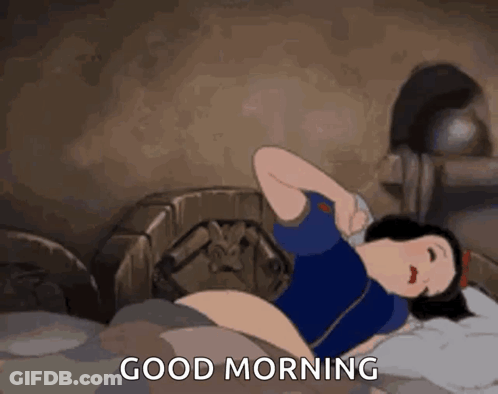 A Cartoon Of Snow White Laying In Bed With The Words Good Morning Written On The Bottom GIF