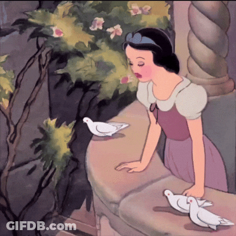 A Cartoon Of Snow White Looking At Two White Birds GIF