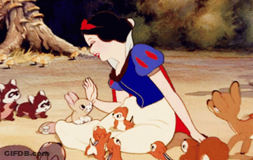 A Cartoon Of Snow White Sitting On The Ground With Squirrels GIF