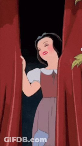 A Cartoon Of Snow White Standing Behind A Red Curtain With Her Eyes Closed GIF