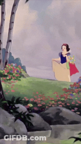 A Cartoon Of Snow White Standing In A Field With Flowers GIF