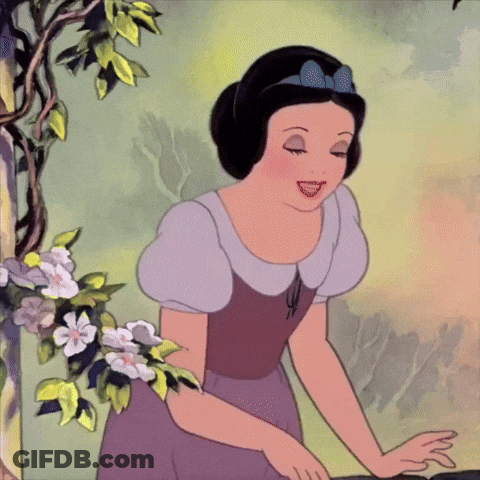 A Cartoon Of Snow White Standing In Front Of Some Flowers GIF