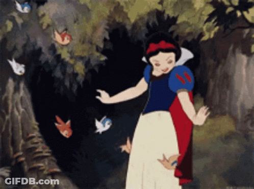 A Cartoon Of Snow White Surrounded By Birds In A Forest GIF