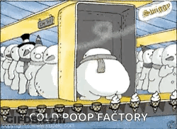 A Cartoon Of Snowmen Making Ice Cream Cones At A Cold Poop Factory GIF