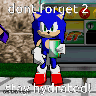 A Cartoon Of Sonic The Hedgehog Holding A Can Of Soda With The Words " Don T Forget 2 Stay Hydrated " Below GIF