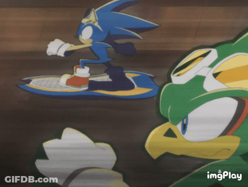A Cartoon Of Sonic The Hedgehog Riding A Jet Ski Next To Another Cartoon Character GIF