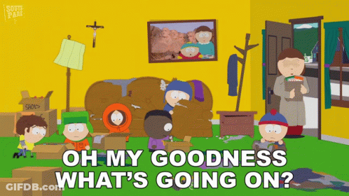 A Cartoon Of South Park Characters In A Living Room With The Words Oh My Goodness What 'S Going On GIF