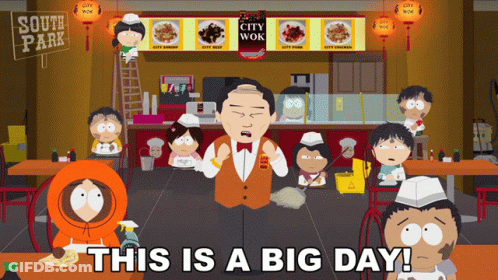 A Cartoon Of South Park Characters In A Restaurant With A Sign That Says City Wok GIF