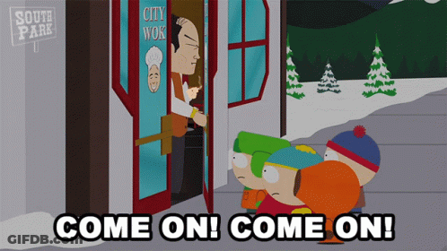 A Cartoon Of South Park Characters Standing Outside Of A City Wok GIF