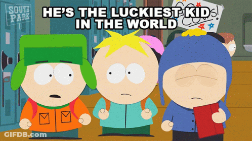 A Cartoon Of South Park Characters With The Caption He 'S The Luckiest Kid In The World GIF
