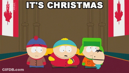A Cartoon Of South Park Characters With The Words It 'S Christmas GIF