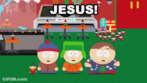 A Cartoon Of South Park Characters With The Words Jesus On The Bottom GIF