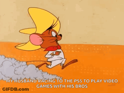 A Cartoon Of Speedy Gonzales Running To The Ps5 To Play Video Games With His Bros . GIF