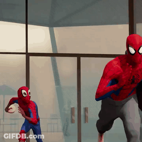 A Cartoon Of Spider-Man And A Smaller Spider-Man Standing In Front Of A Window GIF