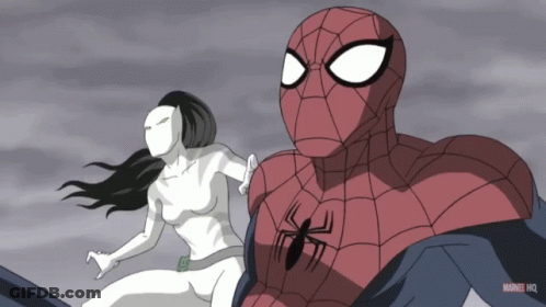 A Cartoon Of Spider-Man And A Woman With The Words Marvel Hq On The Bottom Right GIF