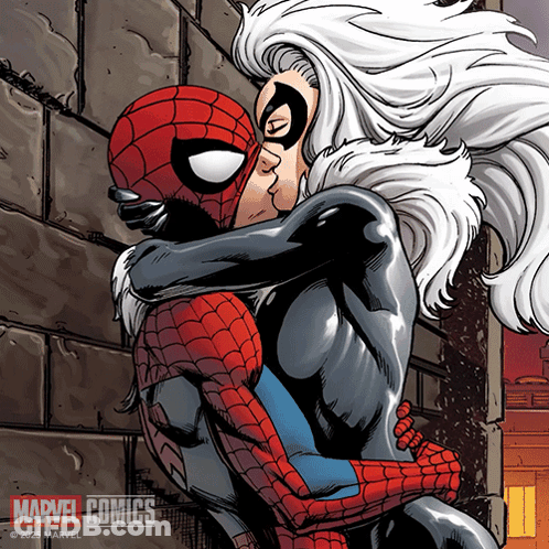 A Cartoon Of Spider-Man And Black Cat Kissing GIF