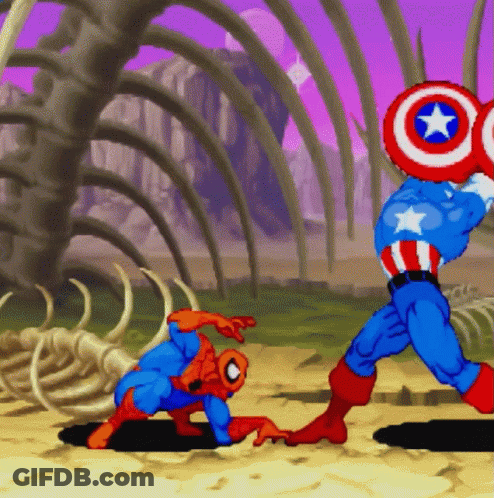 A Cartoon Of Spider-Man And Captain America Fighting Each Other GIF