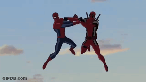 A Cartoon Of Spider-Man And Deadpool Fighting With A Blue Sky In The Background GIF